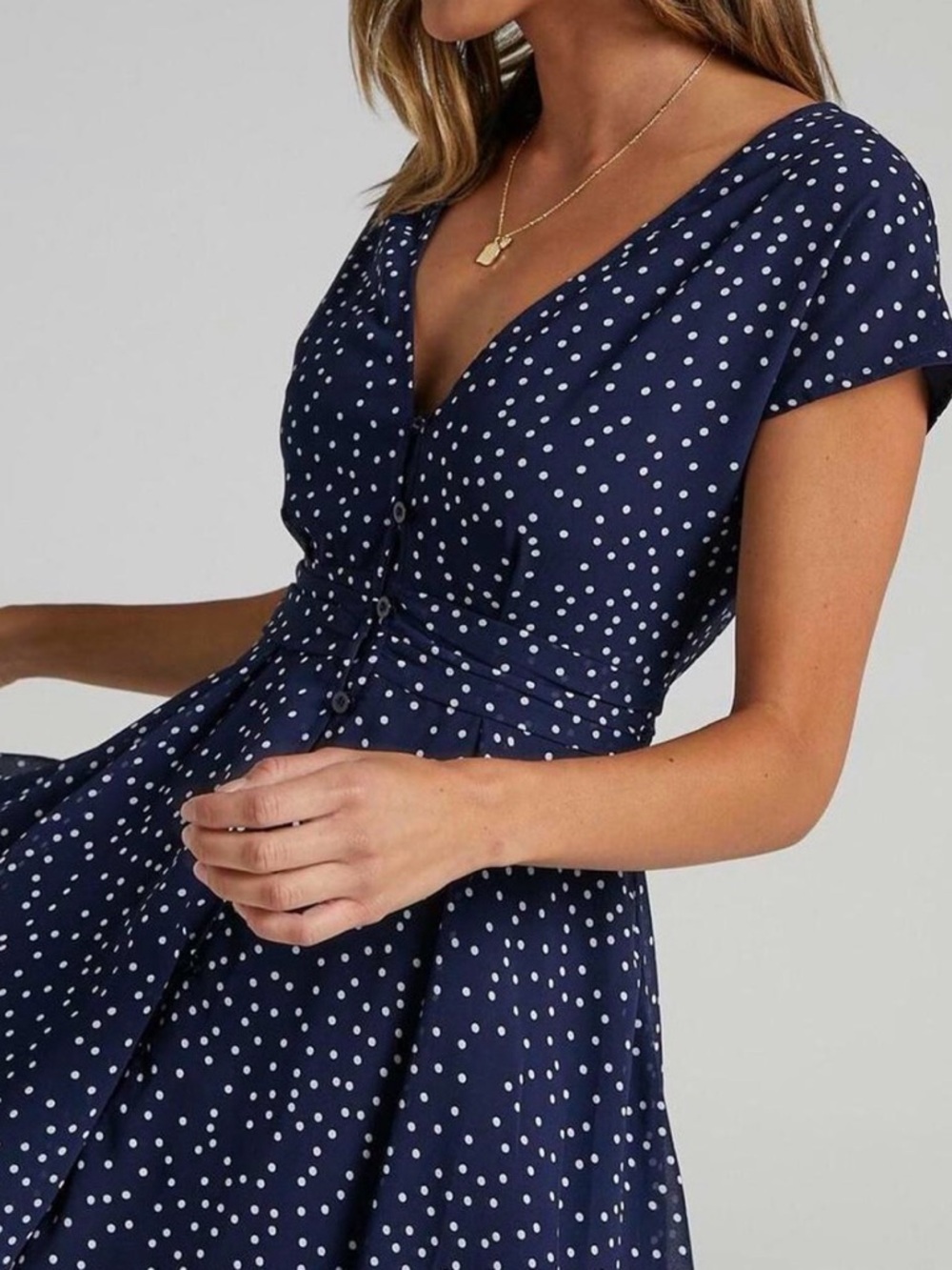Showpo Navy and White Polka Dot Midi Dress